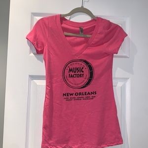 Louisiana Music Factory store logo graphic hot pink v neck tee SM